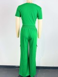 Green Casual Short-Sleeved Top And Loose Wide-Leg Pants Two-Piece Set