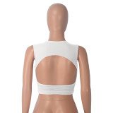 White Sexy Backless Versatile Round Neck Short Sleeve Navel-Exposed Casual T-Shirt