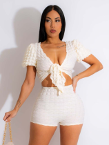 White Casual Low-Cut Lace-Up Top And Shorts Two-Piece Set