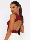 Wine Red Sexy Backless Versatile Round Neck Short Sleeve Navel-Exposed Casual T-Shirt