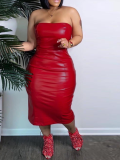 Red Sexy Tube Top PU Hip Dress