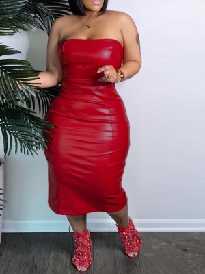 Red Sexy Tube Top PU Hip Dress