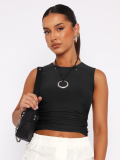 Black Sexy Backless Versatile Round Neck Short Sleeve Navel-Exposed Casual T-Shirt