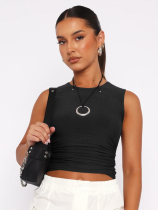 Black Sexy Backless Versatile Round Neck Short Sleeve Navel-Exposed Casual T-Shirt