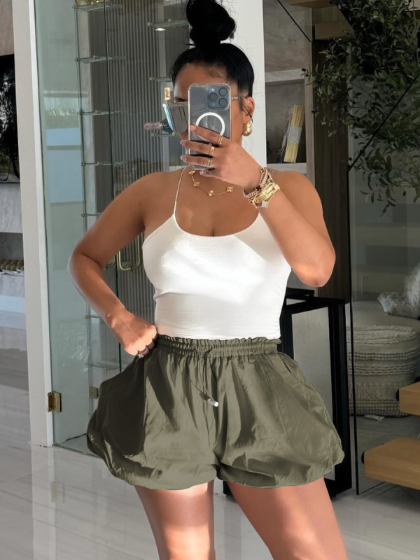 Army Green Elastic Waist Fluffy Shorts