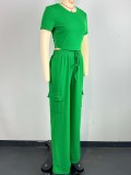 Green Casual Short-Sleeved Top And Loose Wide-Leg Pants Two-Piece Set