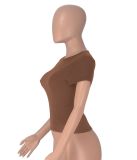 Brown Simple All-Match Round Neck Short-Sleeved Navel-Baring Casual T-Shirt