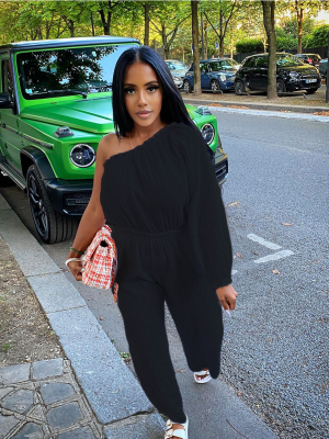 Black One-Shoulder Casual Loose Jumpsuit