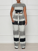 Black Fashion Short-Sleeved Tie Waist Sexy Gradient Women's Two-Piece Suit