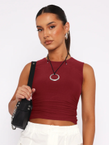 Wine Red Sexy Backless Versatile Round Neck Short Sleeve Navel-Exposed Casual T-Shirt