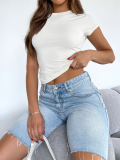 White Simple All-Match Round Neck Short-Sleeved Navel-Baring Casual T-Shirt