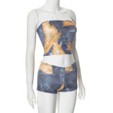 Blue Painted Print Sleeveless Tube Top Stretch Shorts Casual Two-Piece Set