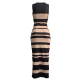 Fashionable Striped Print Sleeveless V-Neck Sexy Dress