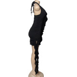 Black Sleeveless Low Collar Ruffled Irregular Hip-Wrapped Dress