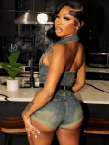 Lapel Sleeveless Halterneck Backless Denim Jumpsuit