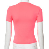 Rose Red Casual All-Match Printed Round Neck Short-Sleeved Slim T-Shirt