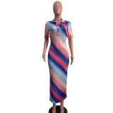Fashion Striped Elegant Short Sleeve Slit Dress