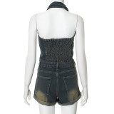 Lapel Sleeveless Halterneck Backless Denim Jumpsuit