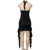 Black Sleeveless Low Collar Ruffled Irregular Hip-Wrapped Dress