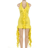 Yellow Sleeveless Low Collar Ruffled Irregular Hip-Wrapped Dress