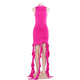Rose Red New Sleeveless Round Neck Ruffled Hip Dress