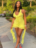 Yellow Sleeveless Low Collar Ruffled Irregular Hip-Wrapped Dress