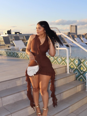Brown Sleeveless Low Collar Ruffled Irregular Hip-Wrapped Dress