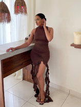 Brown New Sleeveless Round Neck Ruffled Hip Dress