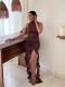 Brown New Sleeveless Round Neck Ruffled Hip Dress