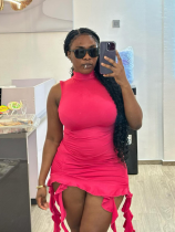 Rose Red New Sleeveless Round Neck Ruffled Hip Dress