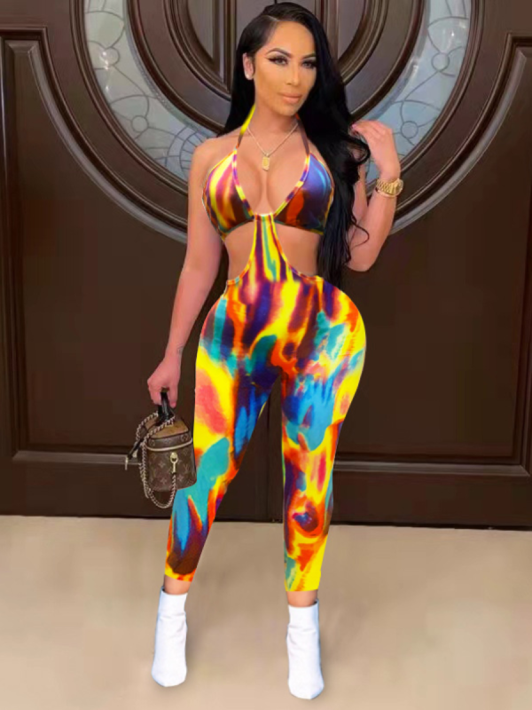 Sexy Suspenders Hollow Out Colorful Tie-Dye Jumpsuit