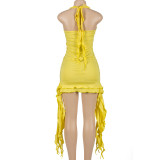 Yellow Sleeveless Low Collar Ruffled Irregular Hip-Wrapped Dress