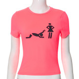 Rose Red Casual All-Match Printed Round Neck Short-Sleeved Slim T-Shirt