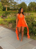 Orange Sleeveless Low Collar Ruffled Irregular Hip-Wrapped Dress
