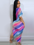 Fashion Striped Elegant Short Sleeve Slit Dress