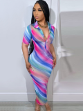 Fashion Striped Elegant Short Sleeve Slit Dress