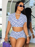 Summer New Style Printed V-Neck Short-Sleeved Top And Shorts Two-Piece Set