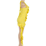 Yellow Sleeveless Low Collar Ruffled Irregular Hip-Wrapped Dress
