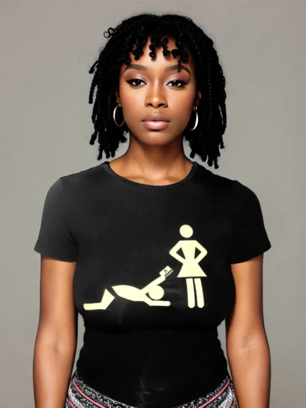 Black Casual All-Match Printed Round Neck Short-Sleeved Slim T-Shirt