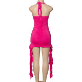 Rose Red Sleeveless Low Collar Ruffled Irregular Hip-Wrapped Dress