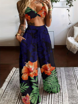 Sexy Bra Fashion Print Wide Leg Pants Two Piece Set