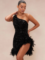 Black Fashion Slant Shoulder Sequins Feather Wrap Hip Split Dresses