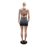Black Sexy Suspender Perm Diamond Backless Dress