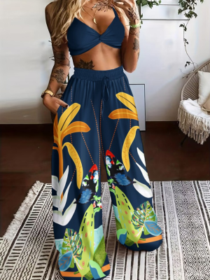 Sexy Bra Fashion Print Wide Leg Pants Two Piece Set