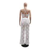 White Lace-Up Cropped Top With Loose-Fitting Trousers Solid Color See-Through Two-Piece Suit