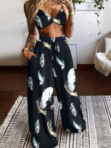 Sexy Bra Fashion Print Wide Leg Pants Two Piece Set