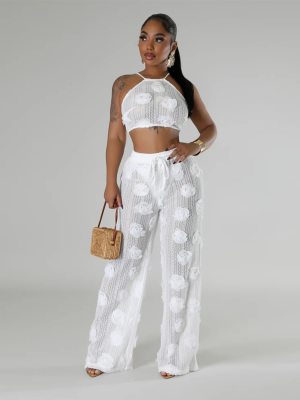 White Lace-Up Cropped Top With Loose-Fitting Trousers Solid Color See-Through Two-Piece Suit