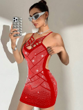 Red Sexy Suspender Perm Diamond Backless Dress