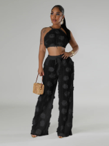 Black Lace-Up Cropped Top With Loose-Fitting Trousers Solid Color See-Through Two-Piece Suit