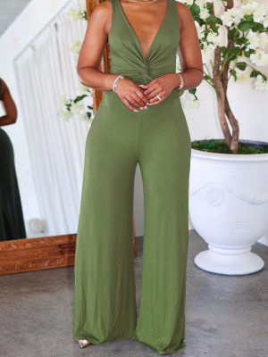 Green Sleeveless Deep V Twisted Knot Casual Solid Color Jumpsuit